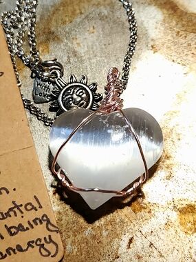Selenite Heart Pendant Necklace in White with Rose-Gold Wire